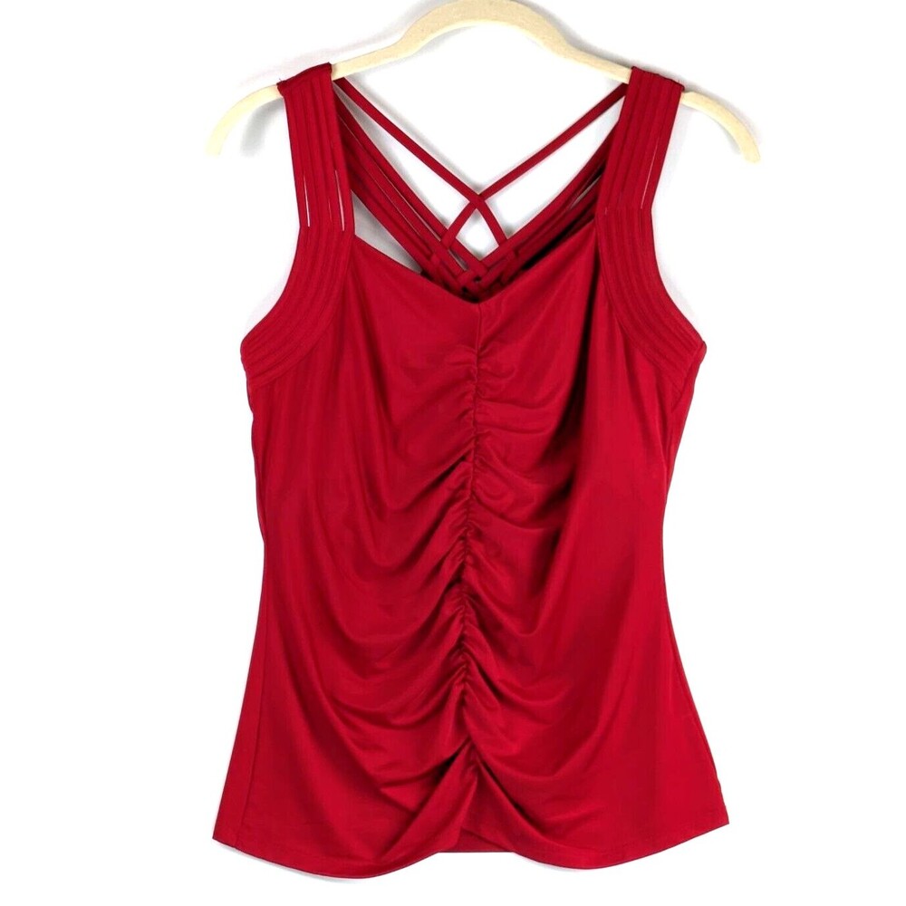 Carmen Marc Valvo Tankini Swim Top Womens XS Red V Neck Ruched Criss Cross Back